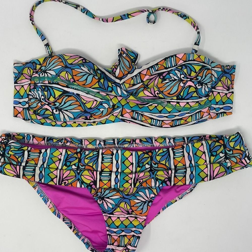 Trina Turk Two-Piece Bikini Halter Top Tie Back Multicolored Geometric Size 4